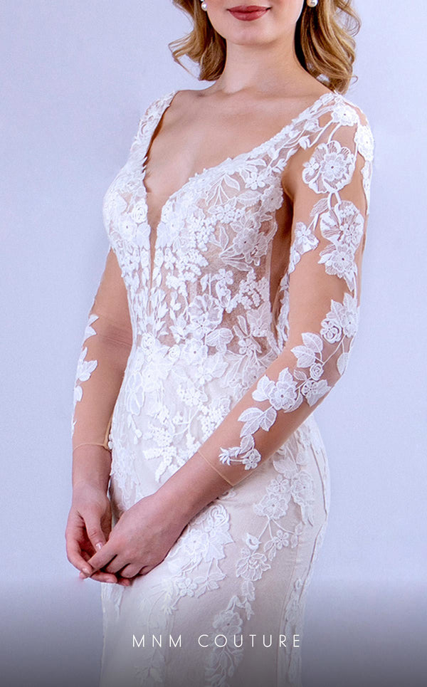 MNM Couture 10090 gown with lace-adorned bodice, sheer sleeves, and a queenly vibe.| Couture Shop LA