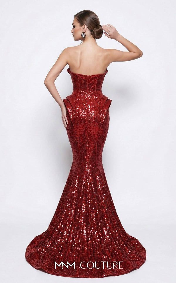 MNM Couture 2263B strapless sequin mermaid gown with sweetheart neckline, draped bust and hip detailing, and small train | Couture Shop LA.