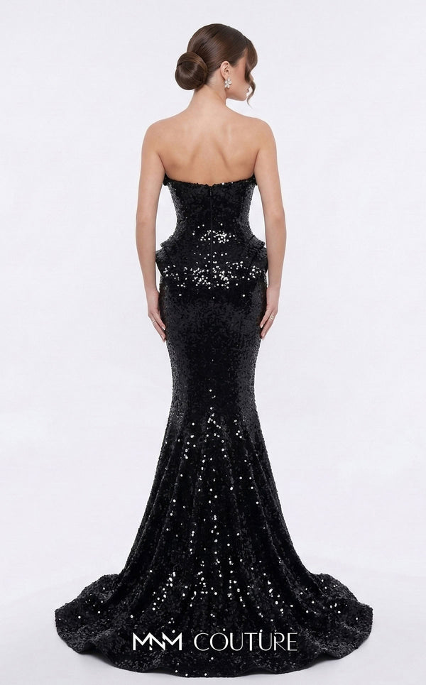 MNM Couture 2263B strapless sequin mermaid gown with sweetheart neckline, draped bust and hip detailing, and small train | Couture Shop LA.