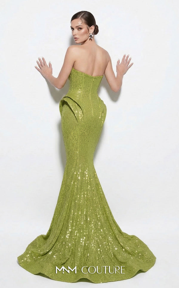 MNM Couture 2263B strapless sequin mermaid gown with sweetheart neckline, draped bust and hip detailing, and small train | Couture Shop LA.
