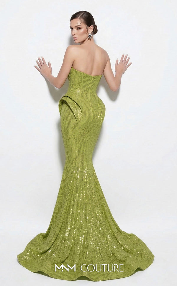MNM Couture 2263B strapless sequin mermaid gown with sweetheart neckline, draped bust and hip detailing, and small train | Couture Shop LA.