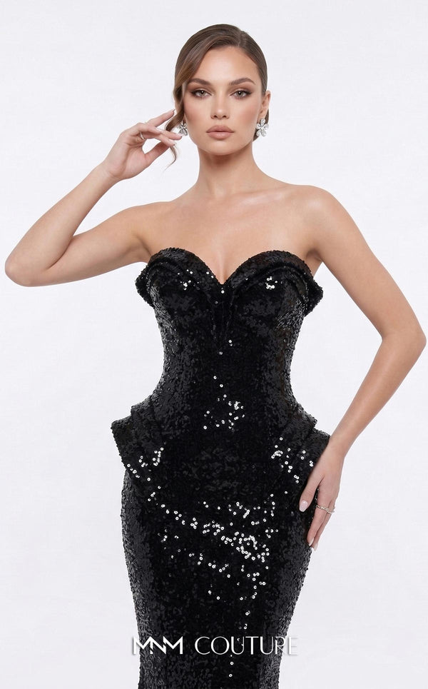 MNM Couture 2263B strapless sequin mermaid gown with sweetheart neckline, draped bust and hip detailing, and small train | Couture Shop LA.