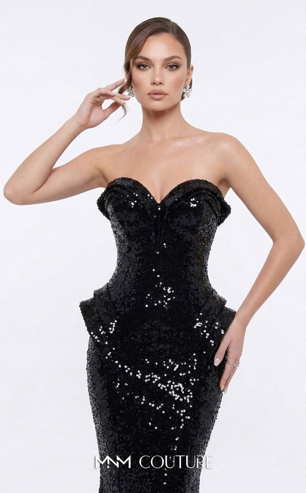 MNM Couture 2263B strapless sequin mermaid gown with sweetheart neckline, draped bust and hip detailing, and small train | Couture Shop LA.