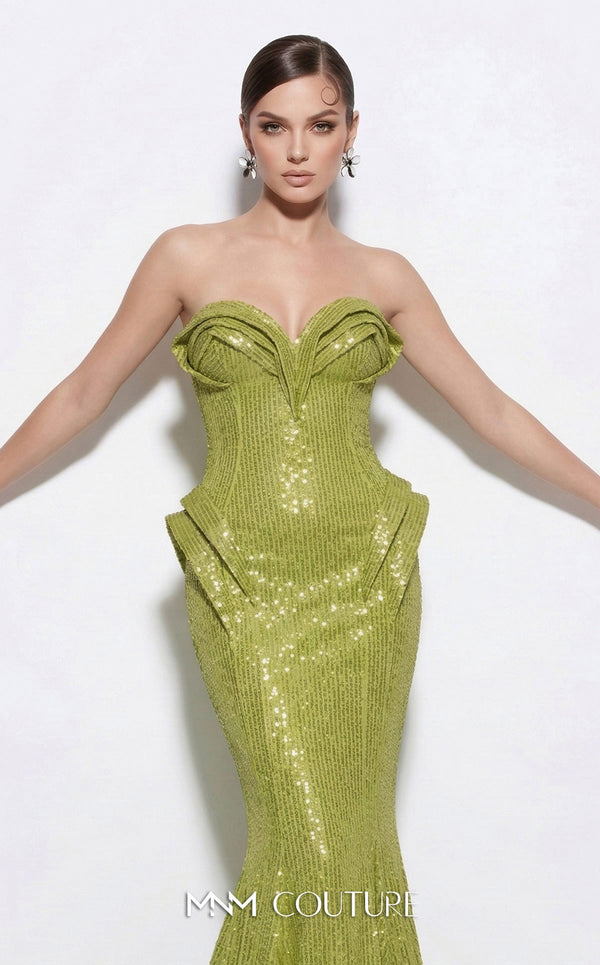 MNM Couture 2263B strapless sequin mermaid gown with sweetheart neckline, draped bust and hip detailing, and small train | Couture Shop LA.