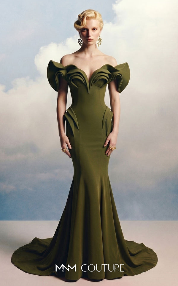 Couture Shop LA 2263C olive matte crepe mermaid gown with sculptural off-shoulder petal caps, deep sweetheart neckline, angular hip panels, and trumpet skirt with sweeping train | Couture Shop LA