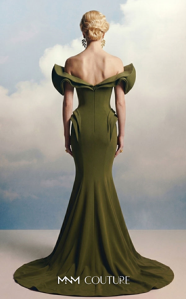 Couture Shop LA 2263C olive matte crepe mermaid gown with sculptural off-shoulder petal caps, deep sweetheart neckline, angular hip panels, and trumpet skirt with sweeping train | Couture Shop LA