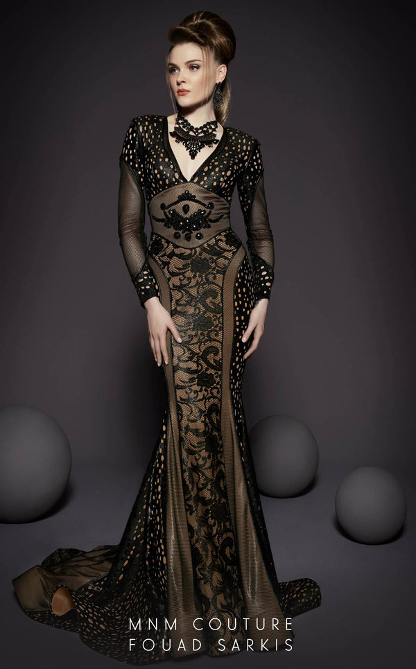 An elegant MNM Couture 2468 sheath gown with long sleeves, a fitted bodice, intricate lace details, and a sweep train, exemplifying modern couture sophistication. | Couture Shop LA