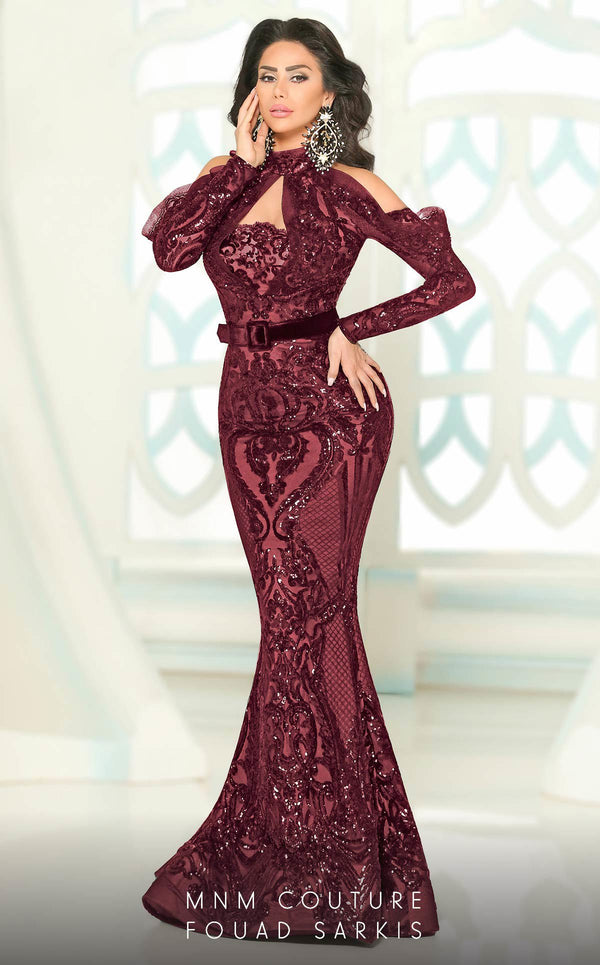 MNM Couture 2514 lace illusion gown featuring hand-embroidered details and a flattering silhouette.| Couture Shop LA