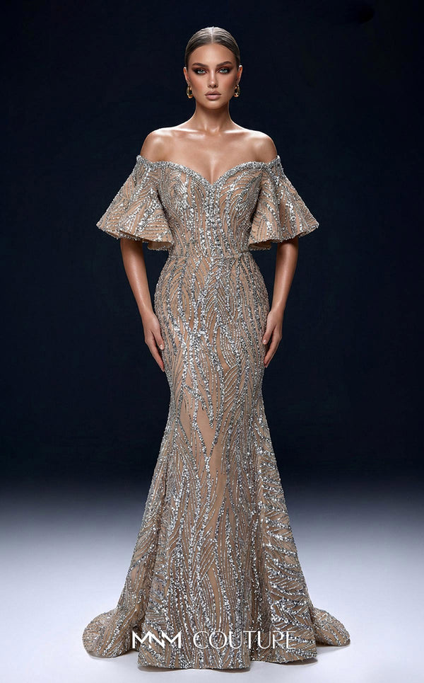 MNM Couture 2529A fully beaded mermaid gown with sweetheart neckline and off-shoulder flared cap sleeves | Couture Shop LA.