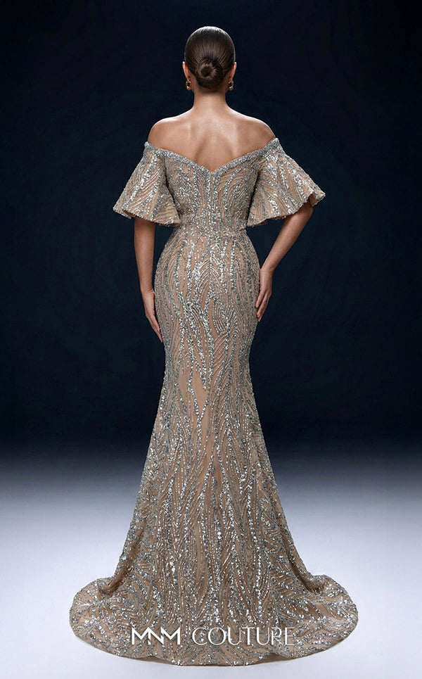 MNM Couture 2529A fully beaded mermaid gown with sweetheart neckline and off-shoulder flared cap sleeves | Couture Shop LA.
