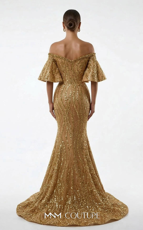 MNM Couture 2529A fully beaded mermaid gown with sweetheart neckline and off-shoulder flared cap sleeves | Couture Shop LA.