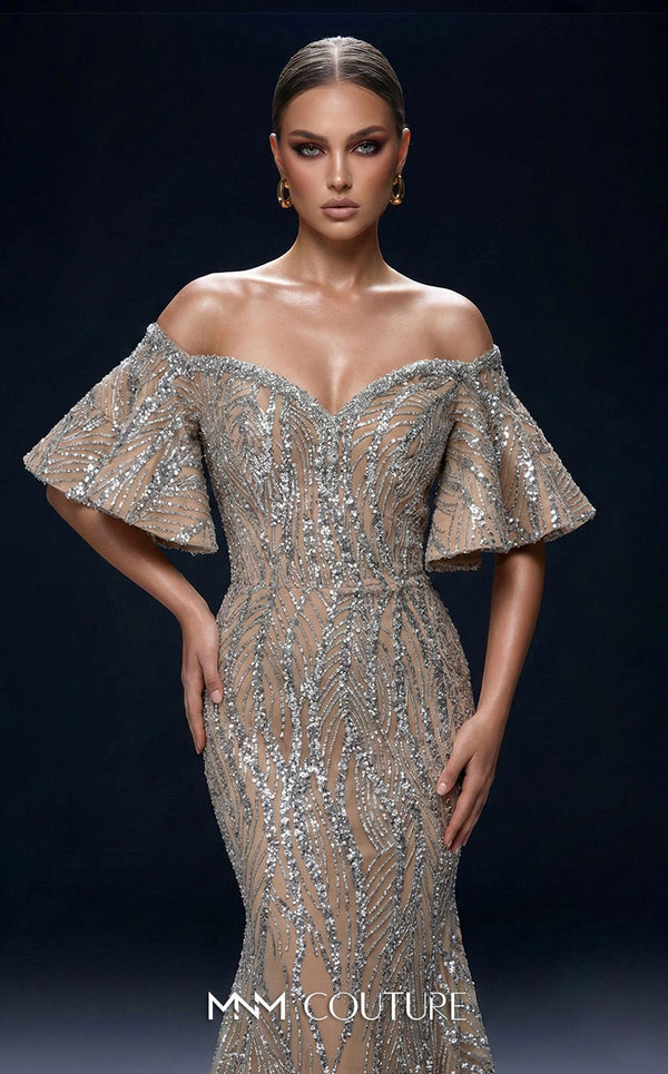 MNM Couture 2529A fully beaded mermaid gown with sweetheart neckline and off-shoulder flared cap sleeves | Couture Shop LA.