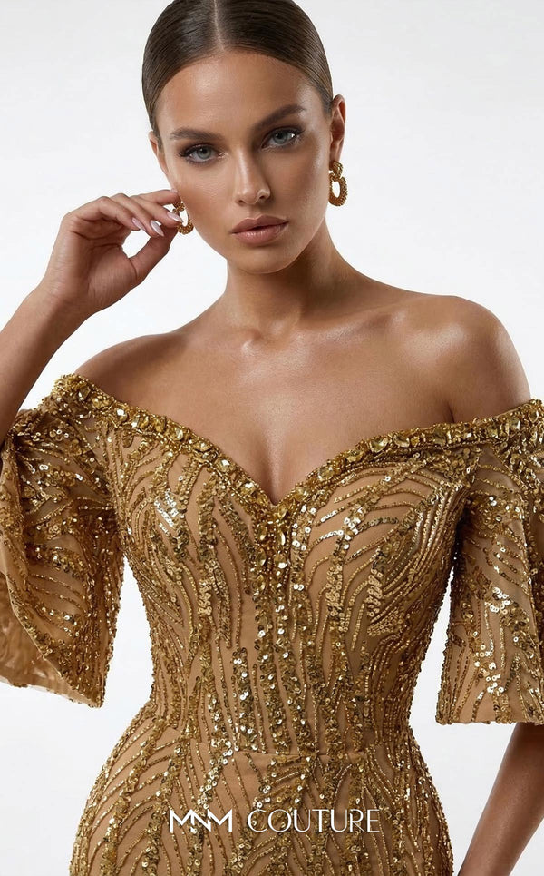 MNM Couture 2529A fully beaded mermaid gown with sweetheart neckline and off-shoulder flared cap sleeves | Couture Shop LA.
