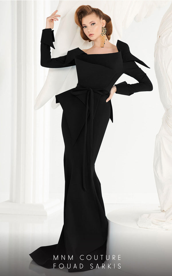 MNM Couture 2540 fishtail gown with origami details, off-shoulder neckline, and luxurious back design. | Couture Shop LA
