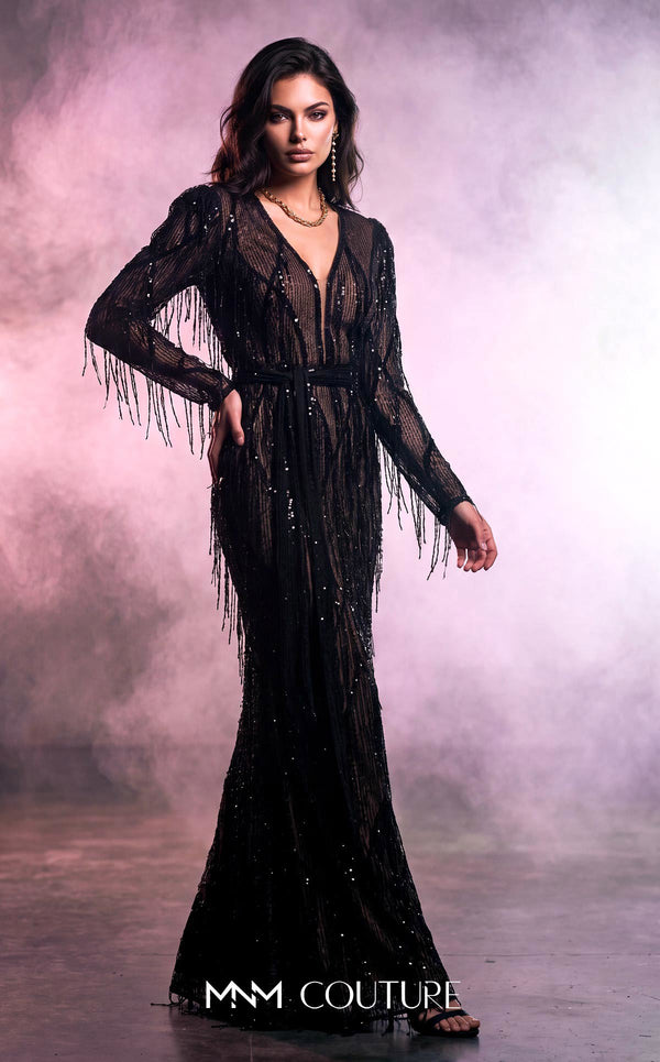 MNM Couture 2552A burgundy black fit and flare gown with deep V-neckline and sequin tassels | Couture Shop LA