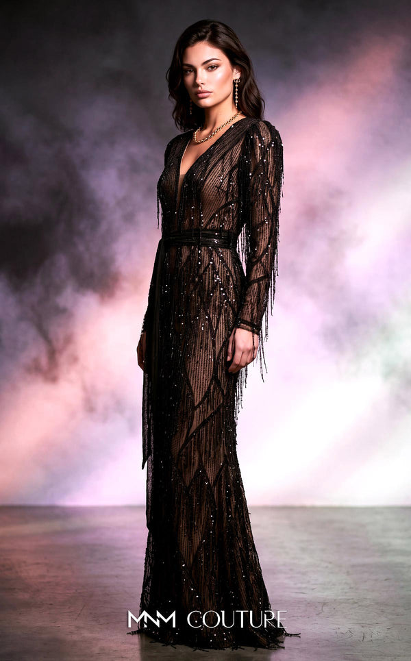 MNM Couture 2552A burgundy black fit and flare gown with deep V-neckline and sequin tassels | Couture Shop LA