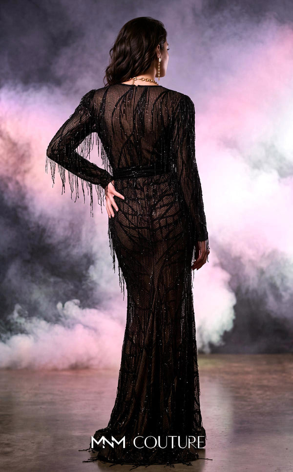 MNM Couture 2552A burgundy black fit and flare gown with deep V-neckline and sequin tassels | Couture Shop LA