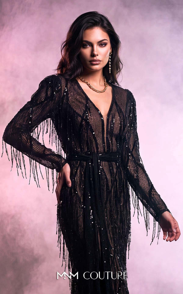 MNM Couture 2552A burgundy black fit and flare gown with deep V-neckline and sequin tassels | Couture Shop LA