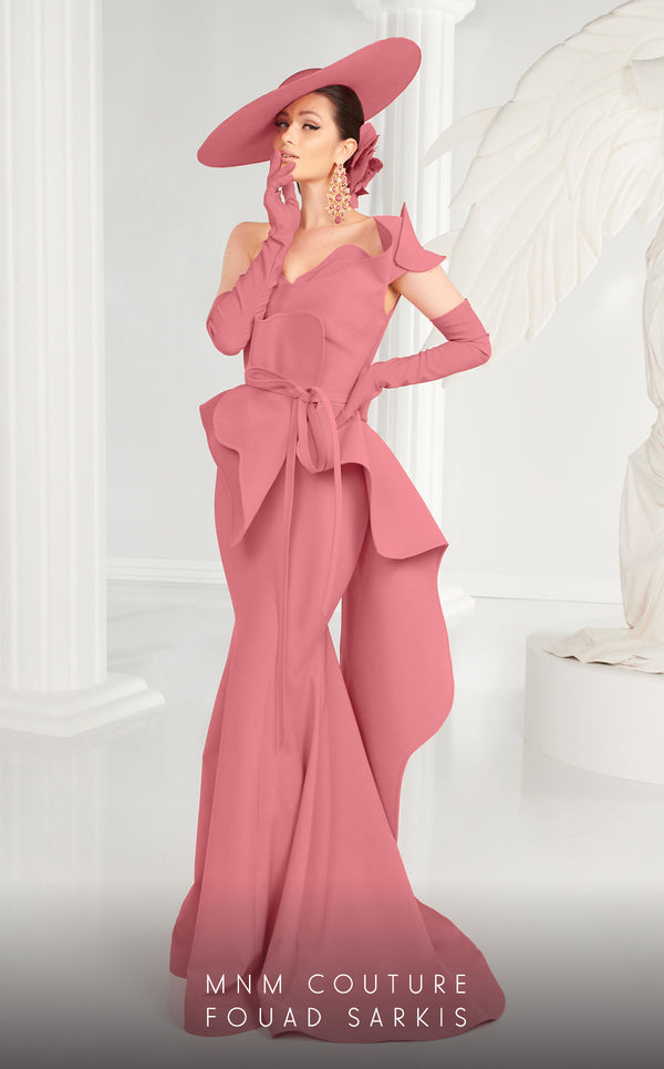 MNM Couture 2553 trumpet gown with flap design, semi-sweetheart neckline, and draped fabric details. | Couture Shop LA