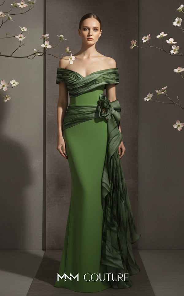 MNM Couture Style 2692A green and lilac mermaid gown with a pleated off-the-shoulder neckline and a ruffled side peplum. | Couture Shop LA
