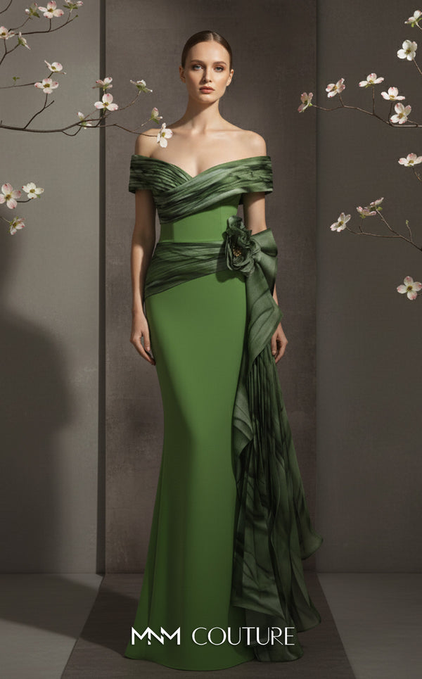 MNM Couture Style 2692A green and lilac mermaid gown with a pleated off-the-shoulder neckline and a ruffled side peplum. | Couture Shop LA