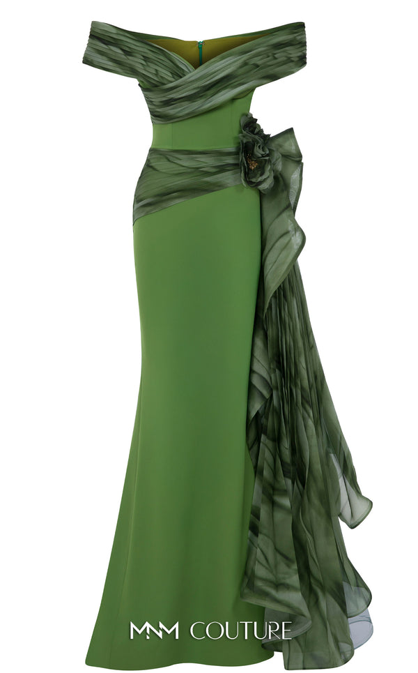 MNM Couture Style 2692A green and lilac mermaid gown with a pleated off-the-shoulder neckline and a ruffled side peplum. | Couture Shop LA