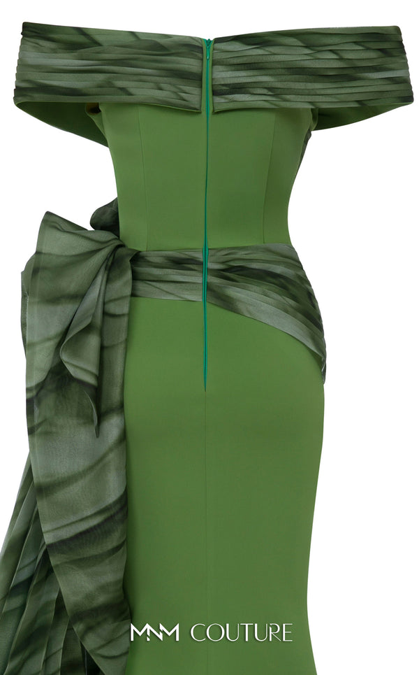 MNM Couture Style 2692A green and lilac mermaid gown with a pleated off-the-shoulder neckline and a ruffled side peplum. | Couture Shop LA