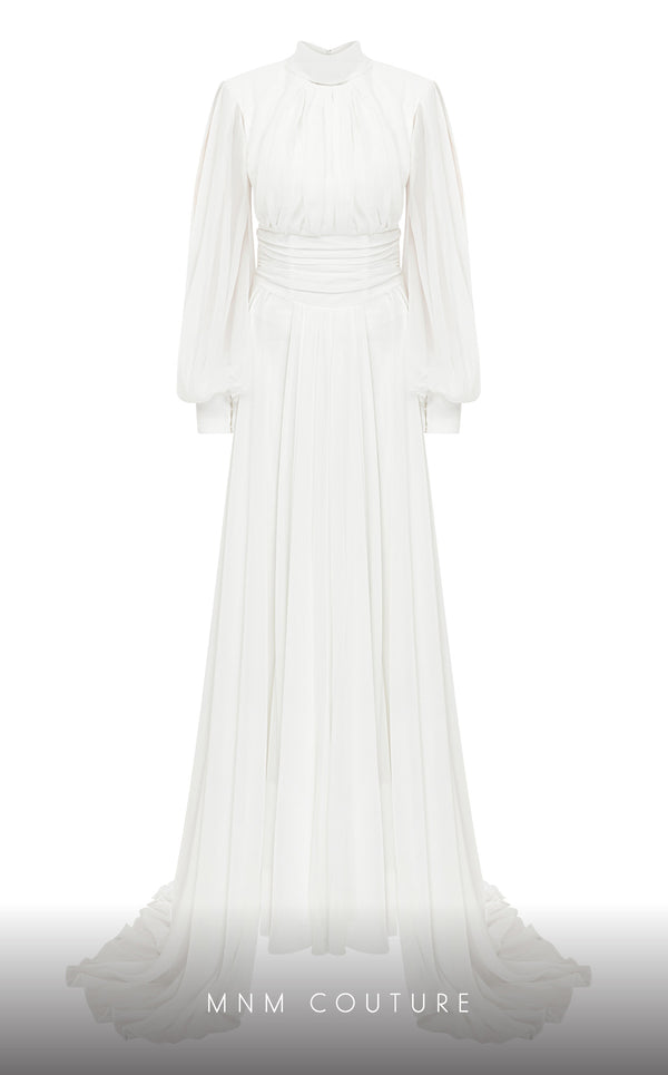 MNM Couture 2706A chiffon pants with flowing tails, puffed sleeves, high neckline, and draped waist.