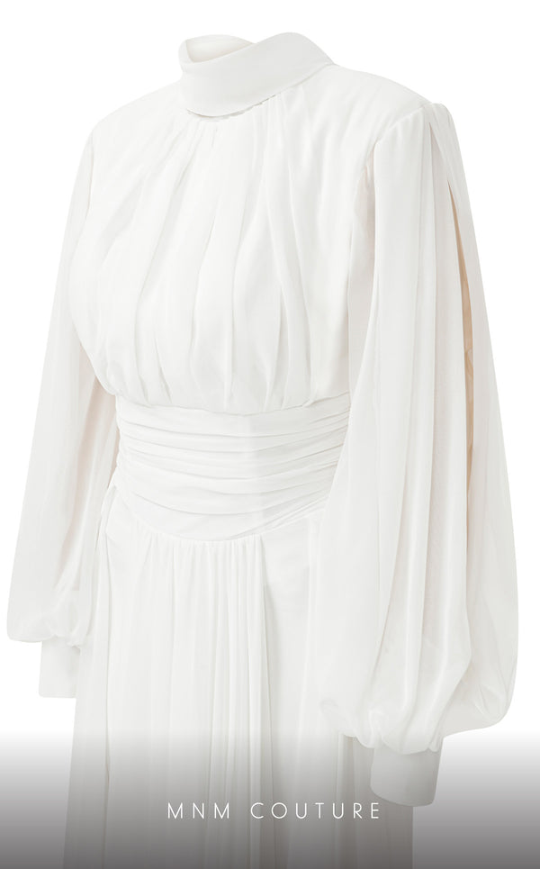 MNM Couture 2706A chiffon pants with flowing tails, puffed sleeves, high neckline, and draped waist.