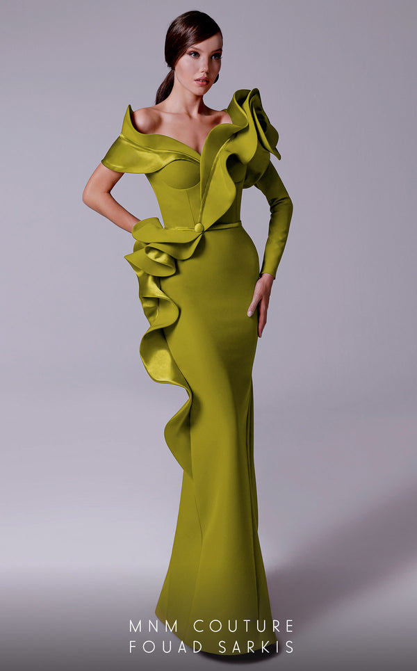 An elegant MNM Couture 2714 satin-crepe mermaid gown featuring long sleeves, ruffled details, a V-neckline, and a rosette accent for added flair. | Couture Shop LA