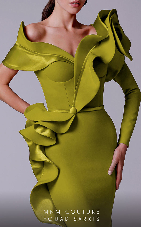 An elegant MNM Couture 2714 satin-crepe mermaid gown featuring long sleeves, ruffled details, a V-neckline, and a rosette accent for added flair. | Couture Shop LA