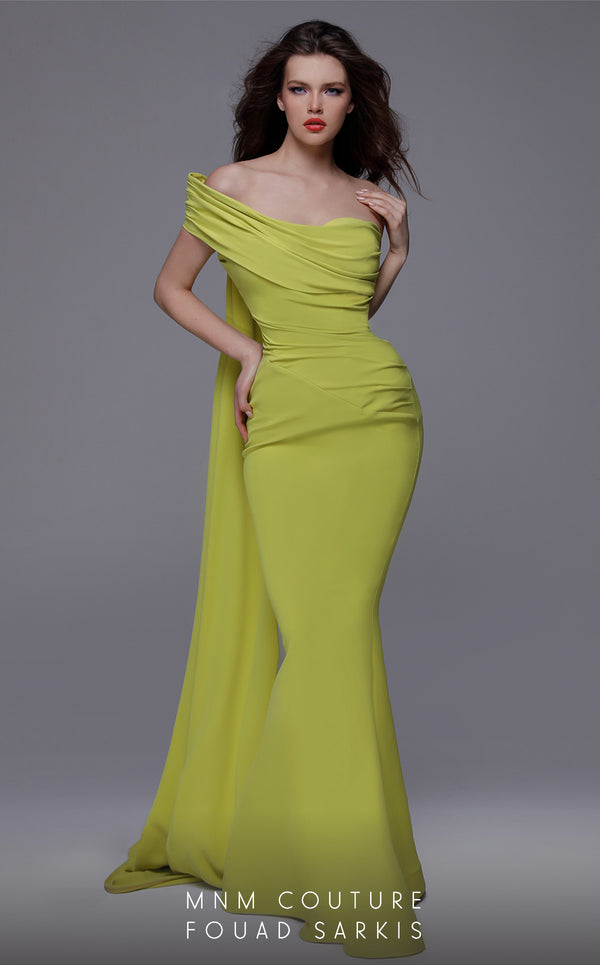 A striking MNM Couture 2718 mermaid gown with a structured bodice, asymmetrical draping, and a graceful sweep train. | Couture Shop LA