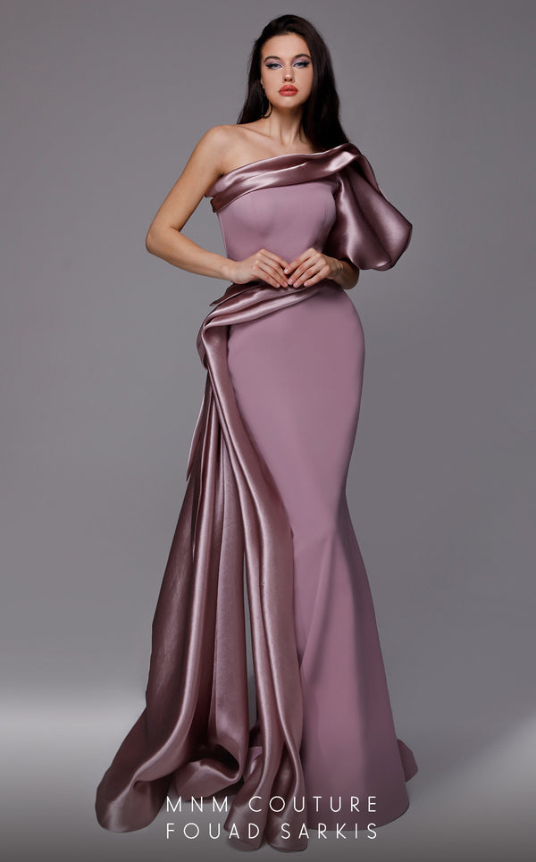 MNM Couture 2722: Satin and crepe one-shoulder evening gown with puff sleeve and side skirt. Perfect for a mother of the bride. | Couture Shop LA