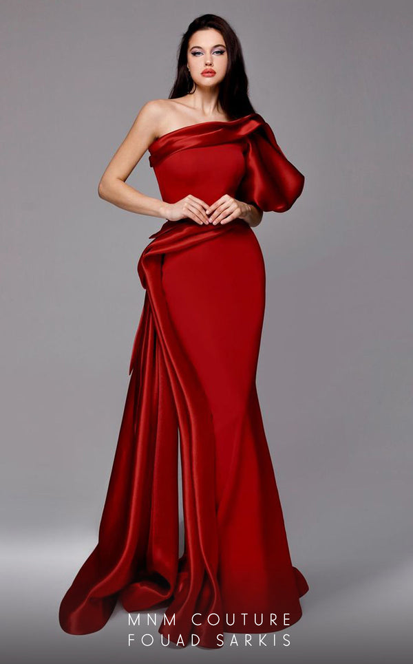 MNM Couture 2722: Satin and crepe one-shoulder evening gown with puff sleeve and side skirt. Perfect for a mother of the bride. | Couture Shop LA