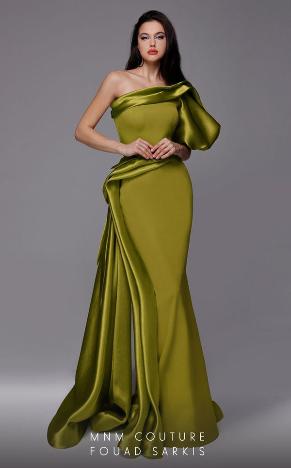 MNM Couture 2722: Satin and crepe one-shoulder evening gown with puff sleeve and side skirt. Perfect for a mother of the bride. | Couture Shop LA