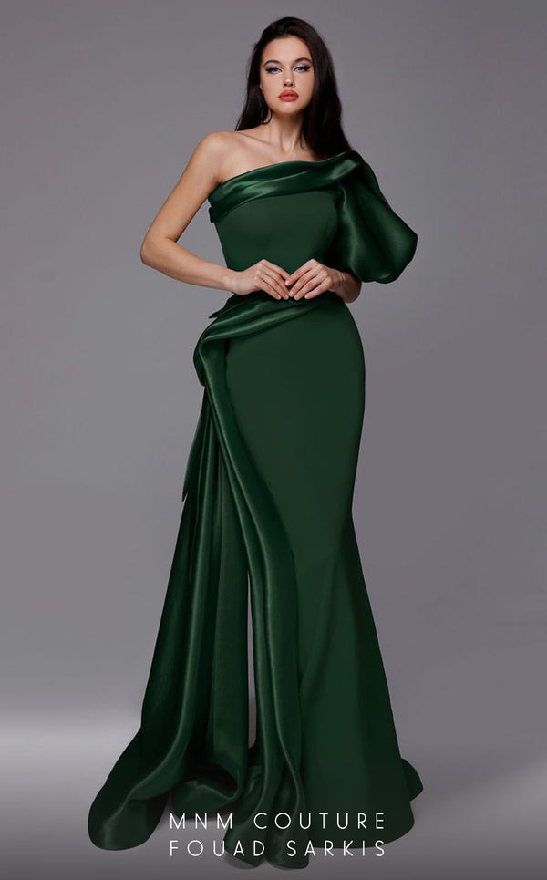 MNM Couture 2722: Satin and crepe one-shoulder evening gown with puff sleeve and side skirt. Perfect for a mother of the bride. | Couture Shop LA