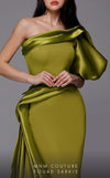 MNM Couture 2722: Satin and crepe one-shoulder evening gown with puff sleeve and side skirt. Perfect for a mother of the bride. | Couture Shop LA