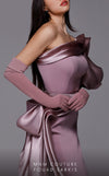 MNM Couture 2722: Satin and crepe one-shoulder evening gown with puff sleeve and side skirt. Perfect for a mother of the bride. | Couture Shop LA
