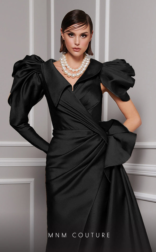 MNM Couture 2726: Fouad Sarkis designer asymmetric column dress with pleated waistline and cape detail. | Couture Shop LA