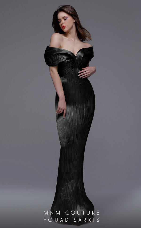 MNM Couture 2729: Elegant off-the-shoulder pleated organza evening dress with sweetheart neckline and column silhouette. Perfect for a mother of the bride. | Couture Shop LA