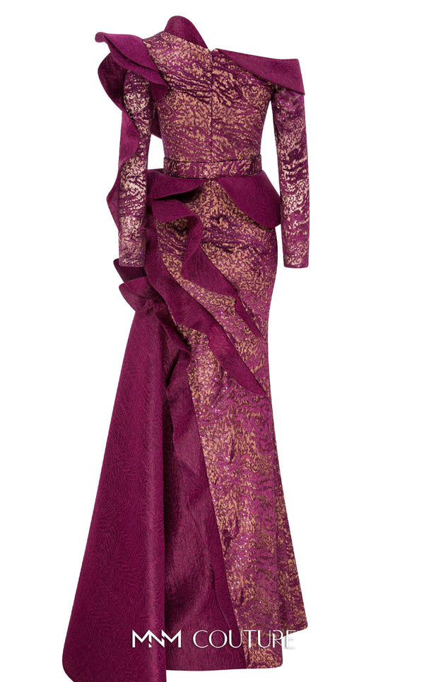 MNM Couture 2735: Lace and jacquard one-shoulder evening gown with dramatic ruffle side skirt for special occasions | Couture Shop LA
