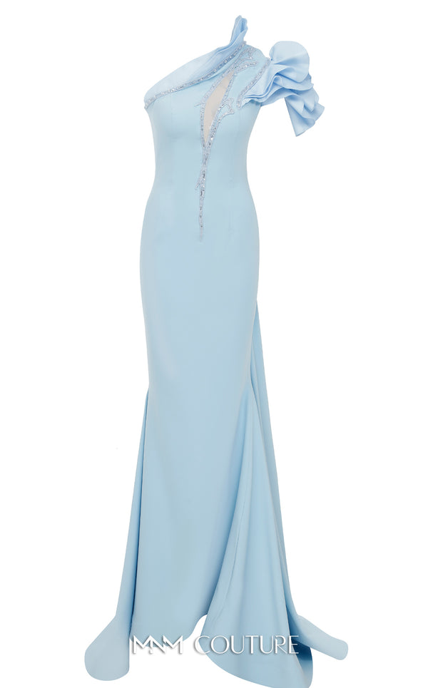 MNM Couture 2736A: Asymmetrical mermaid gown with dramatic ruffles, sparkling embellishments, and a captivating slit. | Couture Shop LA