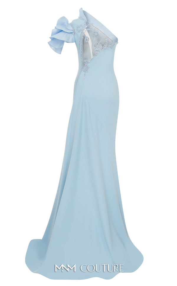 MNM Couture 2736A: Asymmetrical mermaid gown with dramatic ruffles, sparkling embellishments, and a captivating slit. | Couture Shop LA