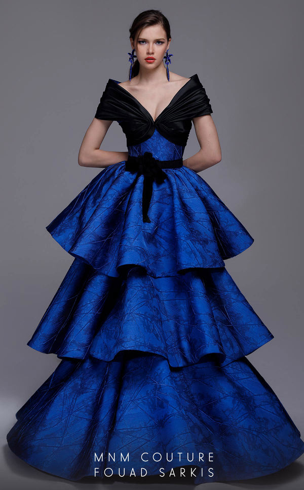 MNM Couture 2737: Majestic evening gown. Glossy fabrics, V-neck, ruffled skirt, elegant details. | Couture Shop LA