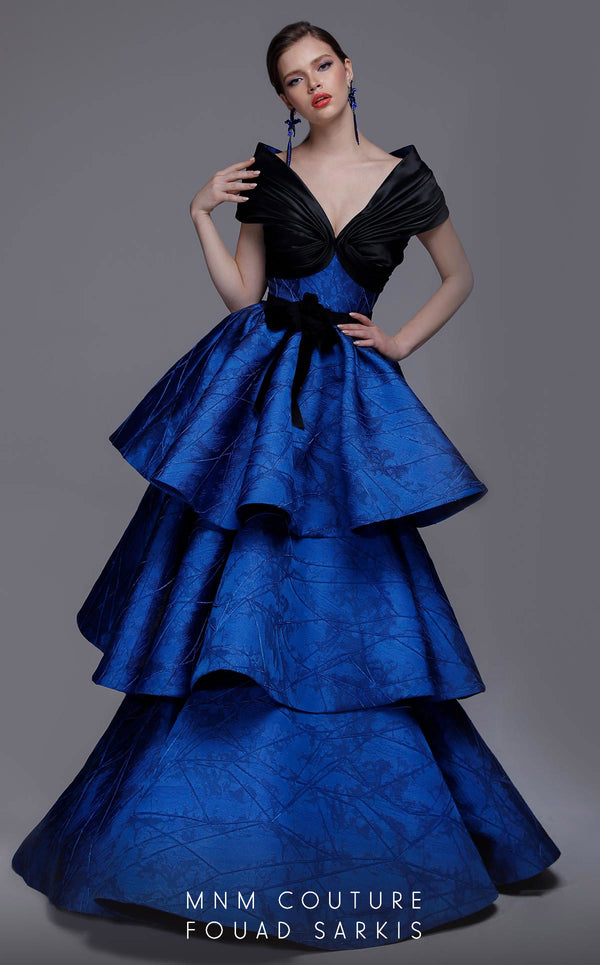 MNM Couture 2737: Majestic evening gown. Glossy fabrics, V-neck, ruffled skirt, elegant details. | Couture Shop LA