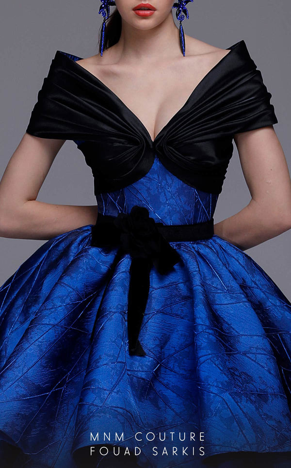 MNM Couture 2737: Majestic evening gown. Glossy fabrics, V-neck, ruffled skirt, elegant details. | Couture Shop LA