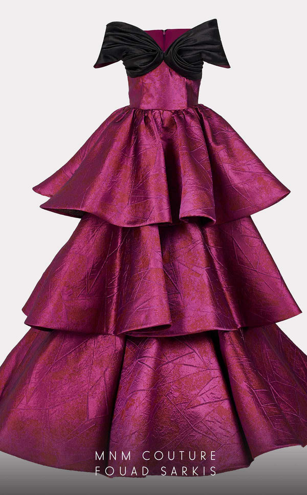 MNM Couture 2737: Majestic evening gown. Glossy fabrics, V-neck, ruffled skirt, elegant details. | Couture Shop LA