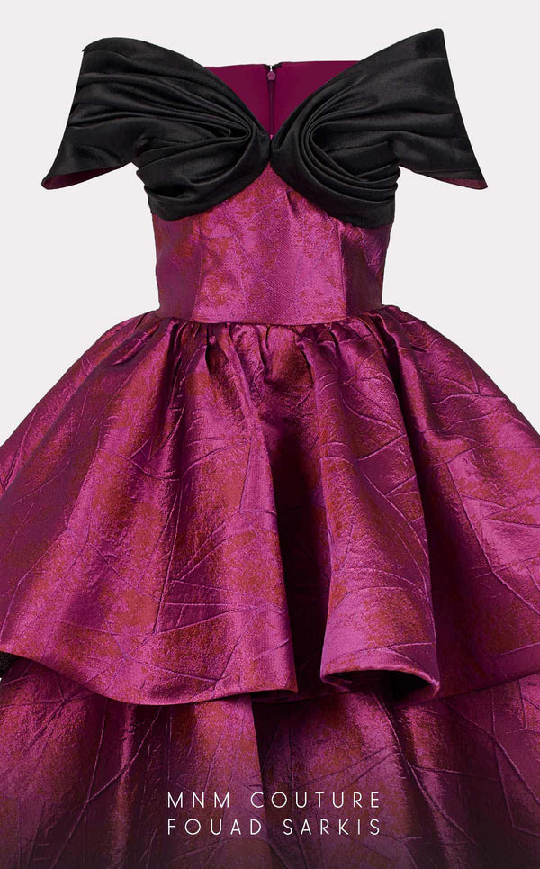 MNM Couture 2737: Majestic evening gown. Glossy fabrics, V-neck, ruffled skirt, elegant details. | Couture Shop LA