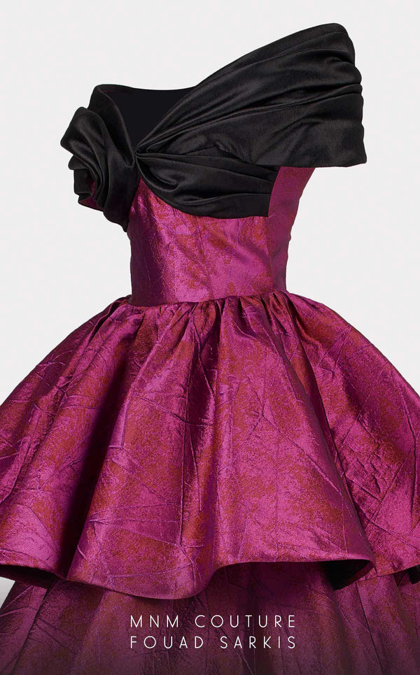 MNM Couture 2737: Majestic evening gown. Glossy fabrics, V-neck, ruffled skirt, elegant details. | Couture Shop LA