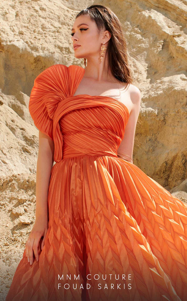 MNM Couture 2746: One-shoulder satin ball gown with pleated detailing and a glamorous floor-length skirt. | Couture Shop LA